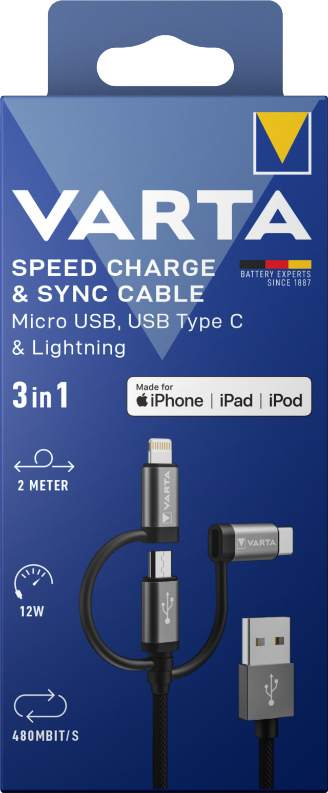 VARTA 57937 101 111 Speed Charge & Sync cable 3in1 USB A to Lightning