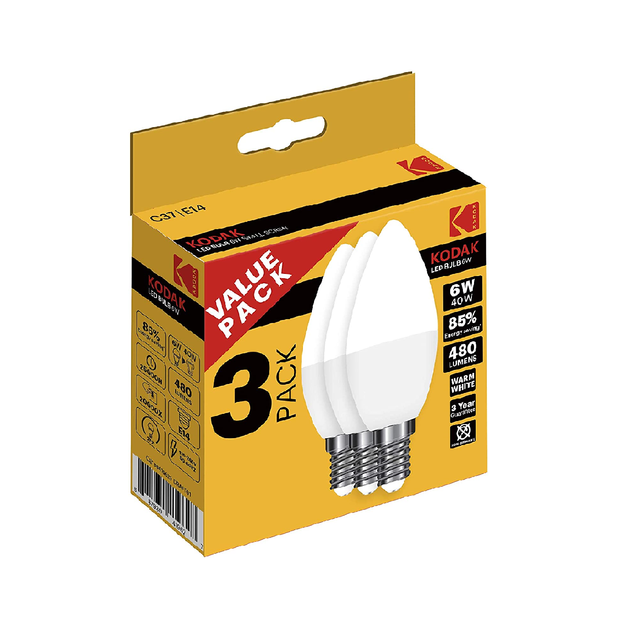 KODAK 30419629 LED Candle E14 6W (40W) 520lm 3000K warm-white 3-Pack