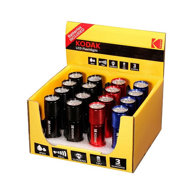 KODAK 9LED Flashlight 16-Display incl. Batterien (8x schwarz, 4x rot, 4x blau)